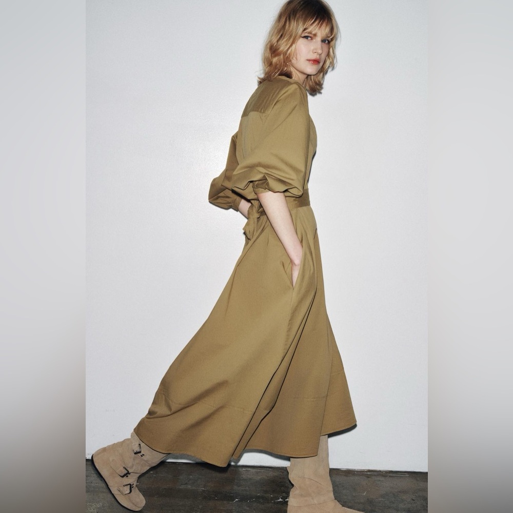ZARA Belted cotton poplin shirt dress w Balloon Sleeves. ZW Collection  NWT - Picture 5 of 15